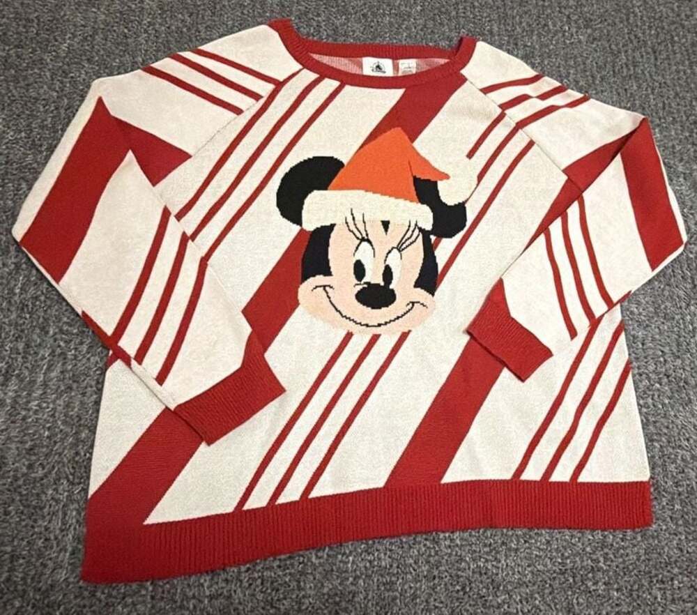 Disney Parks Minnie Mouse Holiday Christmas Peppermint Candy Cane Stripe Sweater